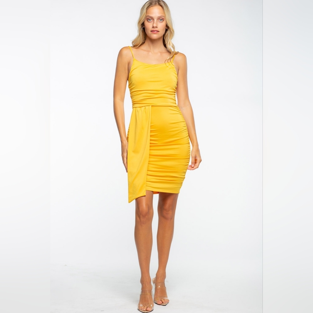 Double Side Ruched Bodycon Golden Yellow Fitted Cute Party Dress Size: S